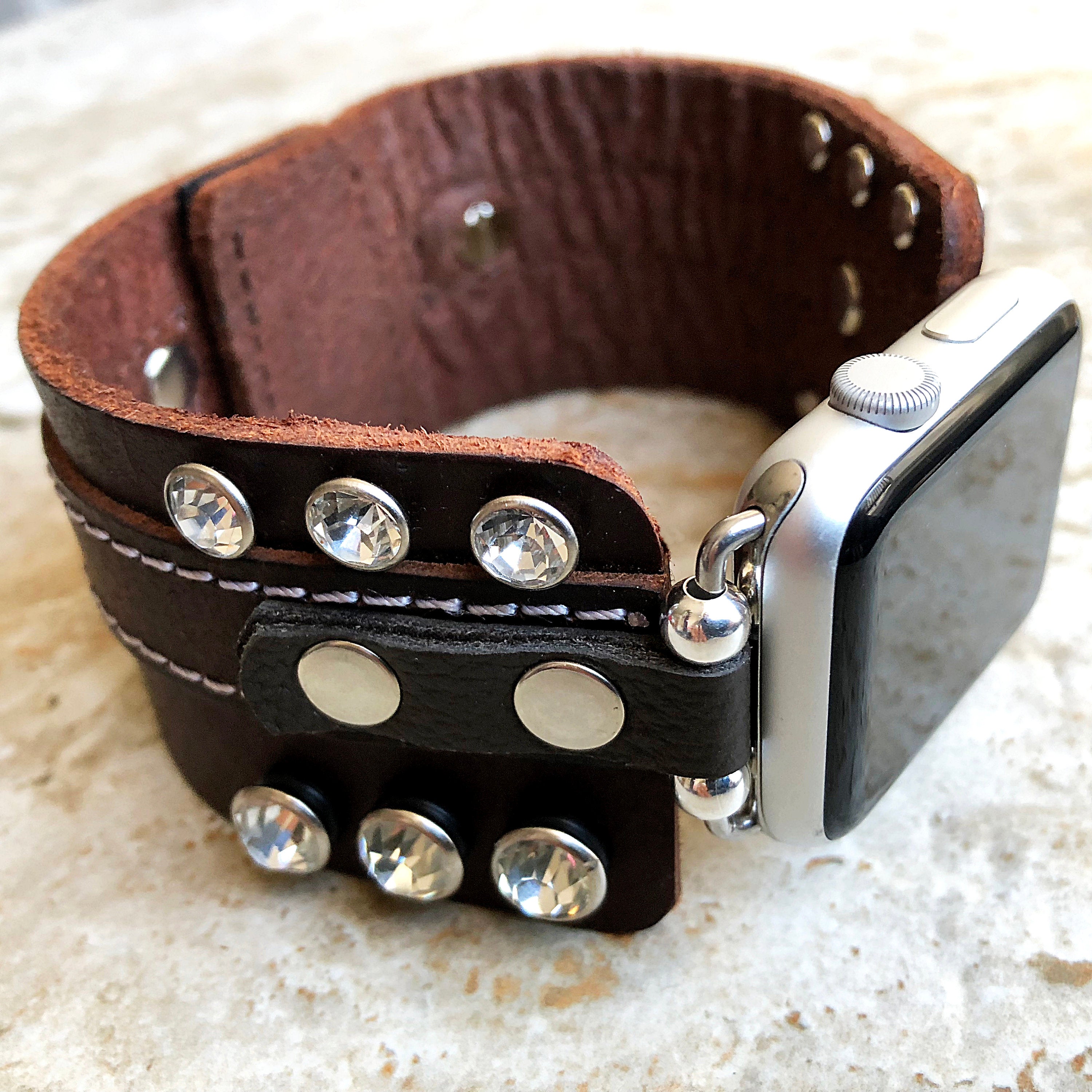 Apple Band Clear Crystals on Brown Genuine Leather for iWatch Ultra 2 and 1 49mm and 9 8 Series 41mm 45mm Case Handmade Strap Bracelet